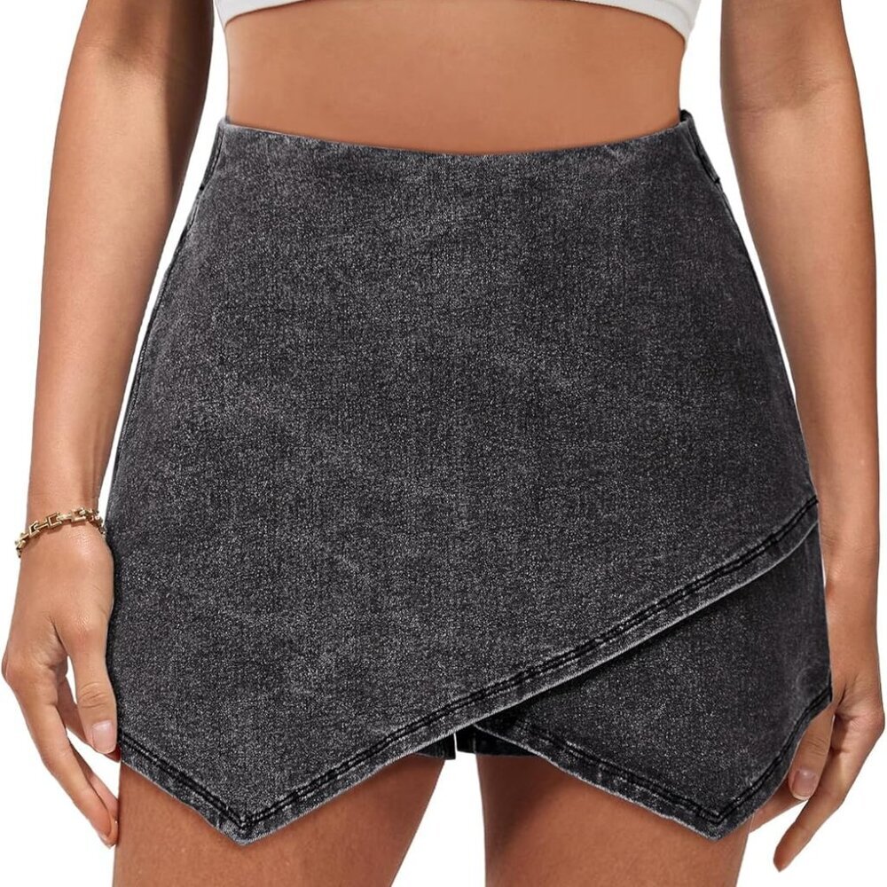 Jean Skorts for Woman High Waisted Pull On Stretchy Denim Wrap Skirt with Shorts
